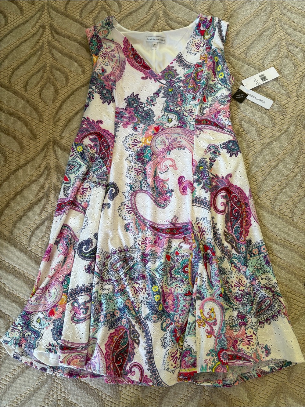 Sandra Darren White Paisley Fit & Flare Dress with vibrant multi color design v